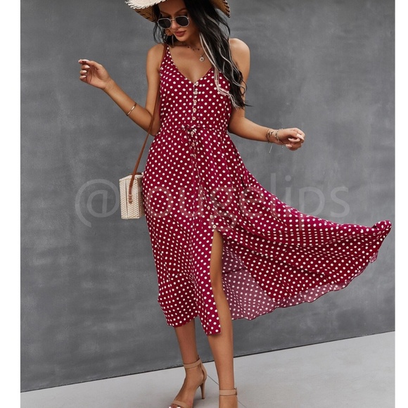 Rouge! Dresses & Skirts - Burgundy Polka Dot Midi Button Through Dress Flared V-Neck